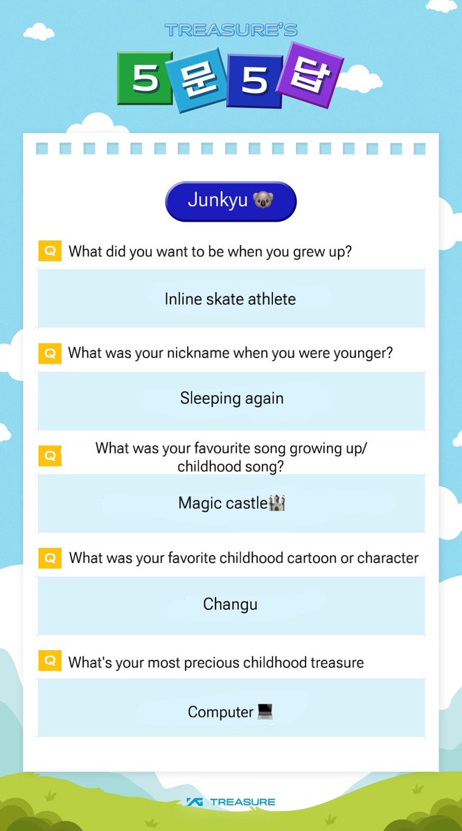 240505 | Weverse - To celebrate Children’s Day, #TREASURE answered 5 questions about their childhood #JIHOON #지훈 #JUNKYU #준규 #트레저