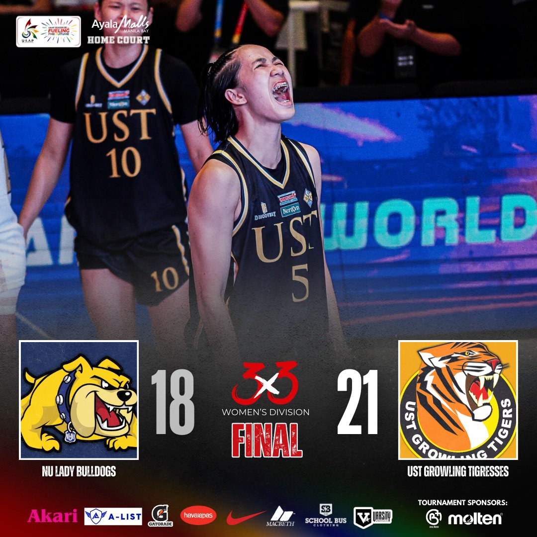 Back-to-Back Champs! 🏆 

The UST Growling Tigresses clinch their second consecutive 3x3 Women's Basketball championship with a thrilling 21-18 victory over the NU Lady Bulldogs.

#FuelingTheFuture