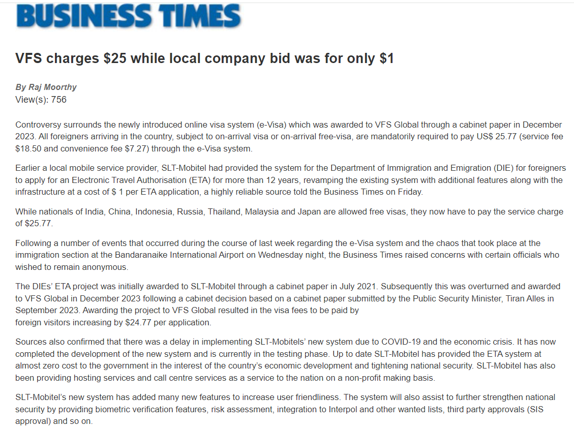 rangaba's tweet photo. VFS  ( @VFSGlobal) is collecting $25 to process each visa application while @slt_mobitel wanted just one $ .  No wonder Mobitel did not get the contract!!! VFS set to make a killing, according to mainstream Sunday papers today. https://t.co/u71GKDHClw