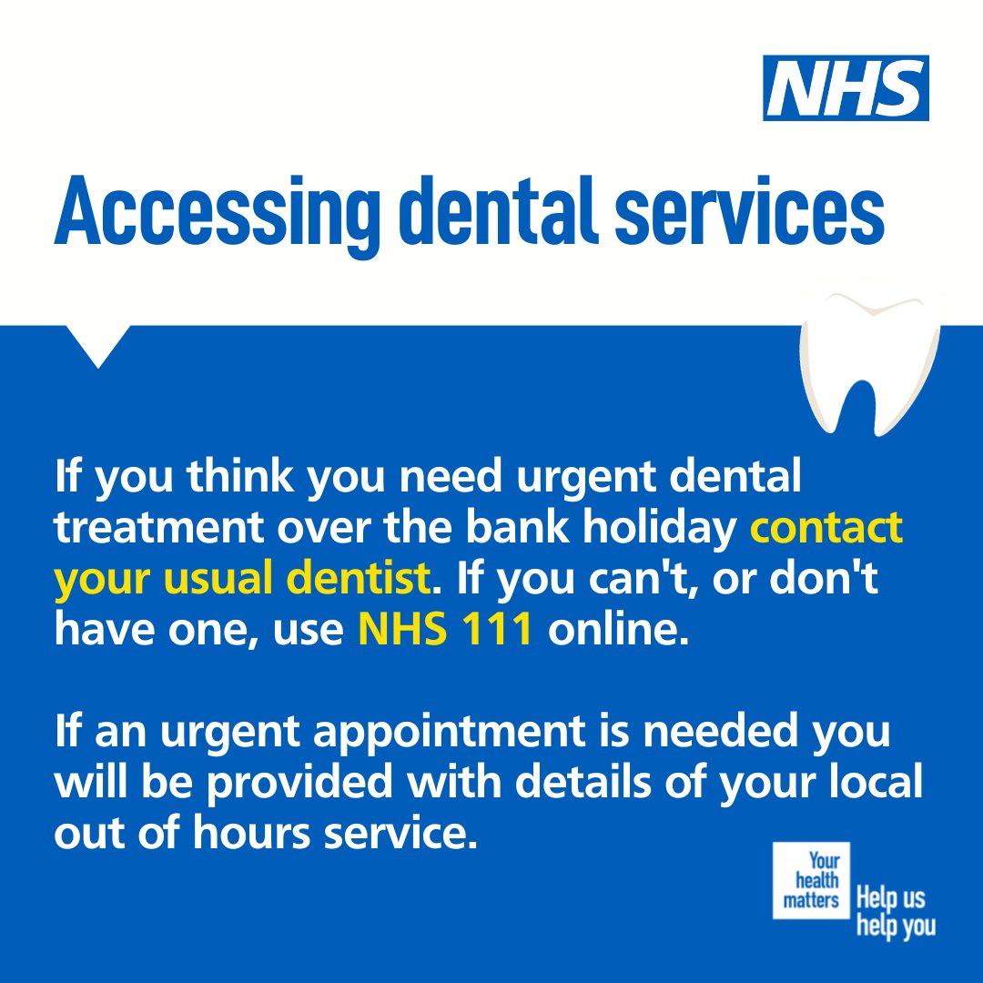 If you think you need urgent dental treatment over the #BankHoliday weekend, contact your usual dentist, if you can't, or don't have one use NHS 111. 🦷 🪥