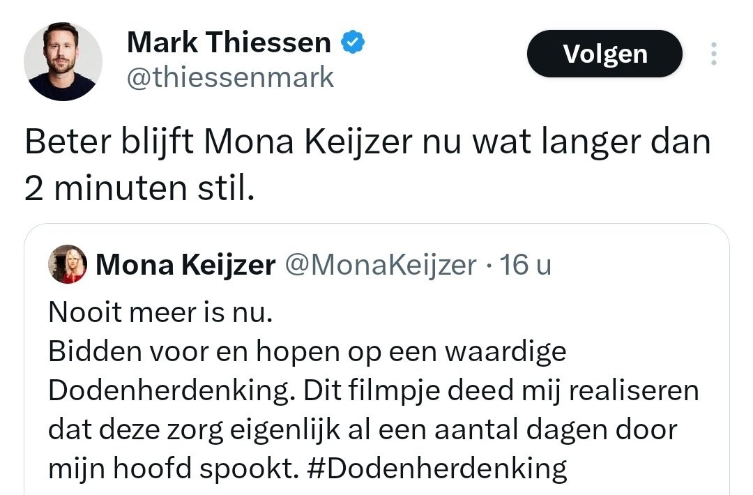 Al die mensen die schande spraken over alle haat richting de elitaire Sigrid Kaag, juist die mensen fakkelen nu de integere Mona Keijzer af. De hypocrisie is stuitend. #dodenherdenking2024