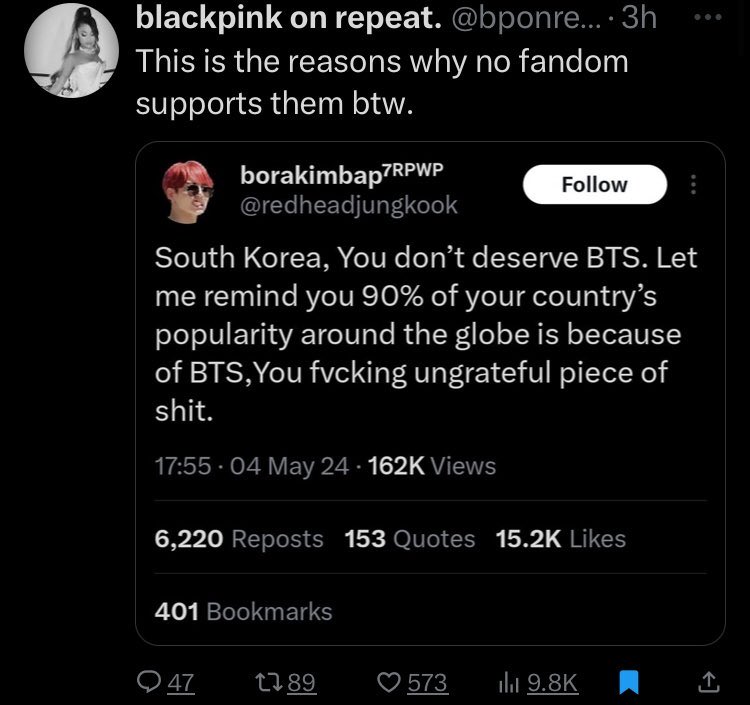 “no fandom supports them”

BTS only has ARMY and yet is still the most awarded Korean group, most streamed Korean group, only Korean group to sell multiple stadium concerts worldwide, only Korean artists to be part of Korea’s GDP

since when did we need other fandom’s support??