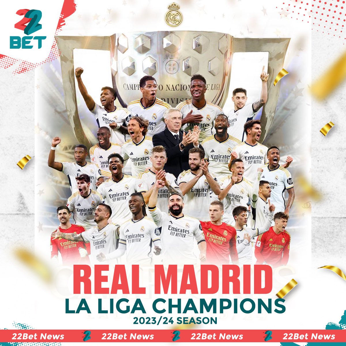 🚨It's official, #RealMadrid has won the 2023/24 #LaLiga after #Barcelona’s 4-2 loss to #Girona Congratulations Los Blancos 👏🏾 #22Bet #Bestodds #Switchto22Bet #Dundana22bet