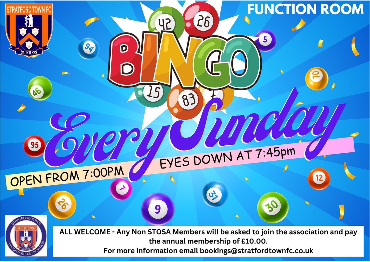 Sunday Night is Bingo Night at the @ArdenGarages Stadium. Stratford Town's Supporters Association host Bingo every Sunday in the TDR Function Room. New members welcome. #bingo @StratTownISA