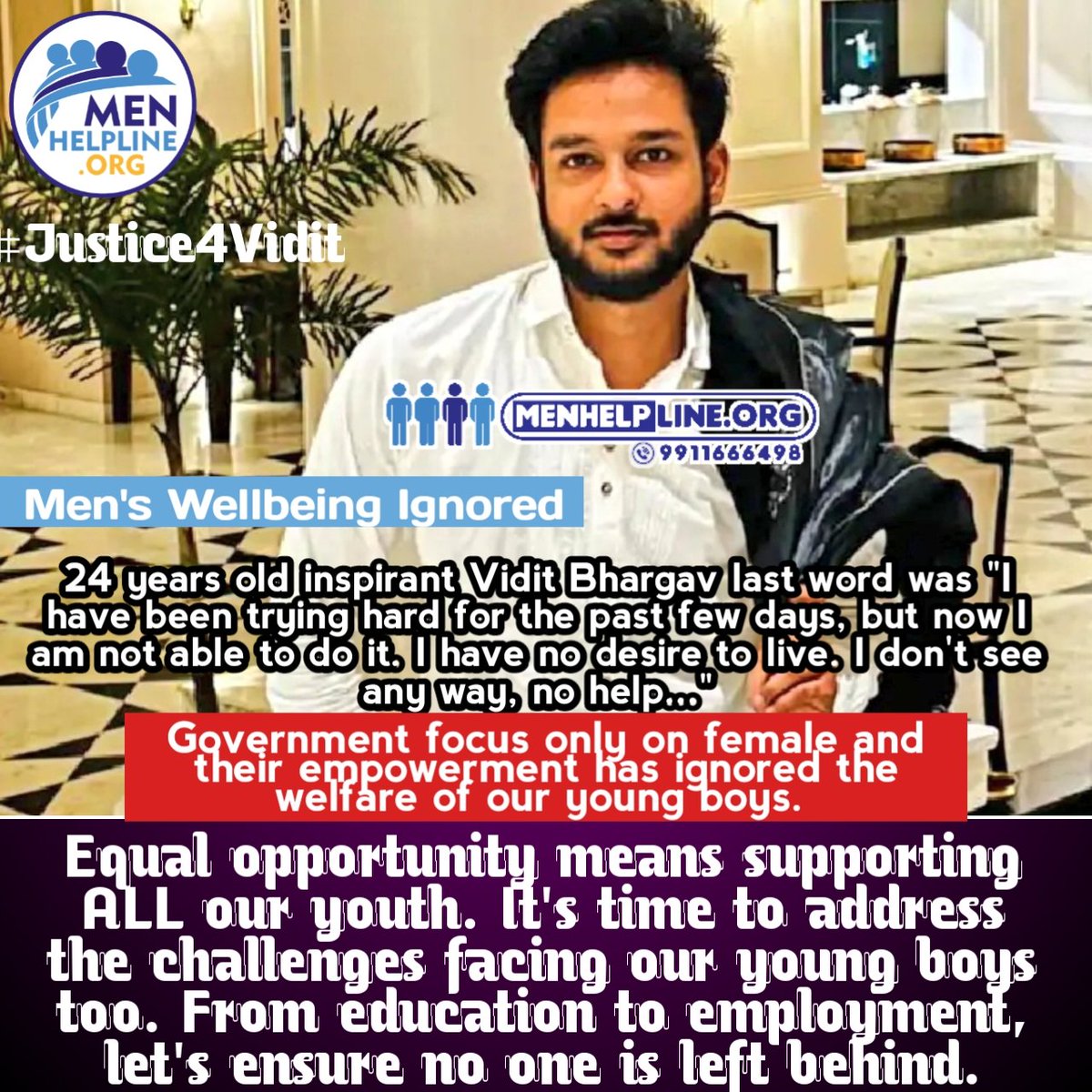 Equal opportunity means supporting ALL our youth. It's time to address the challenges facing our young boys too. From education to employment, let's ensure no one is left behind. #EqualOpportunity #SupportOurYouth #saveoursons #saveourboys #menhelpline #Elections2024…