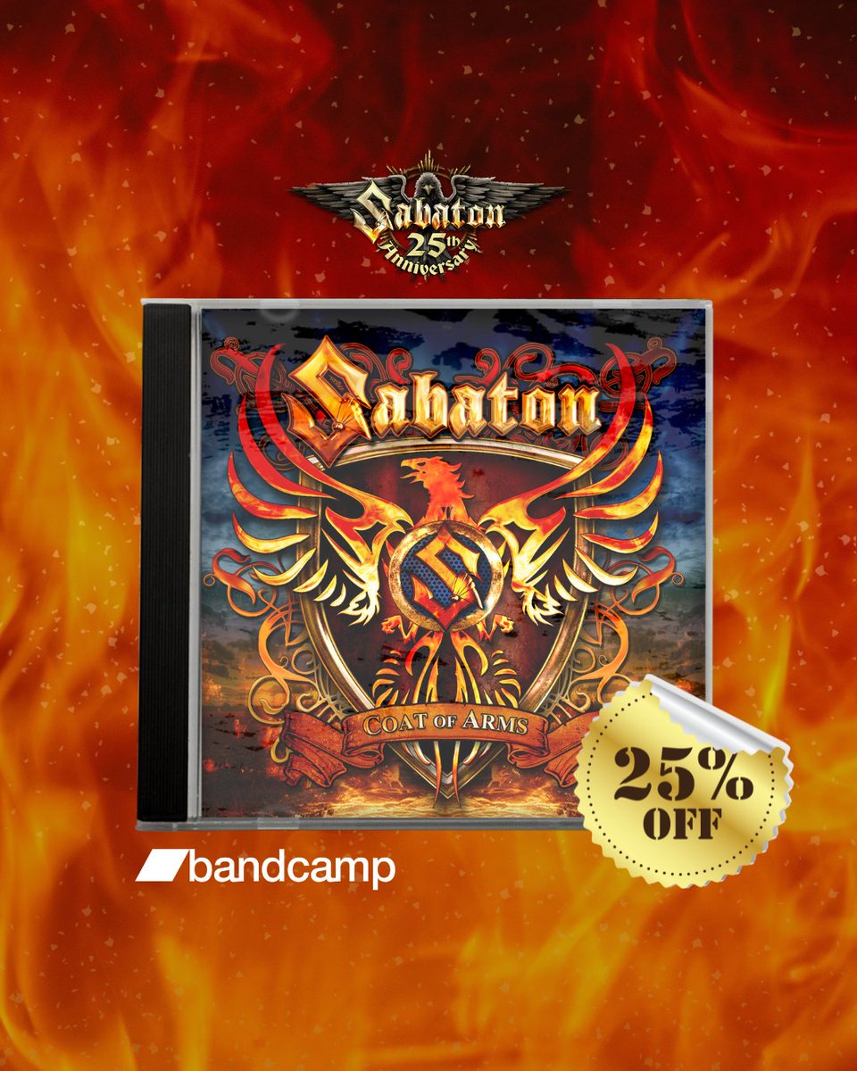 25% OFF COAT OF ARMS ALBUM ON BANDCAMP 🔥 We are offering you 25% off our Coat Of Arms bonus version album on Bandcamp to celebrate 25 years of us! This is a time sensitive offer. You have until the end of May to redeem it! Get your digital copy HERE 👉sabaton.bandcamp.com/album/coat-of-…
