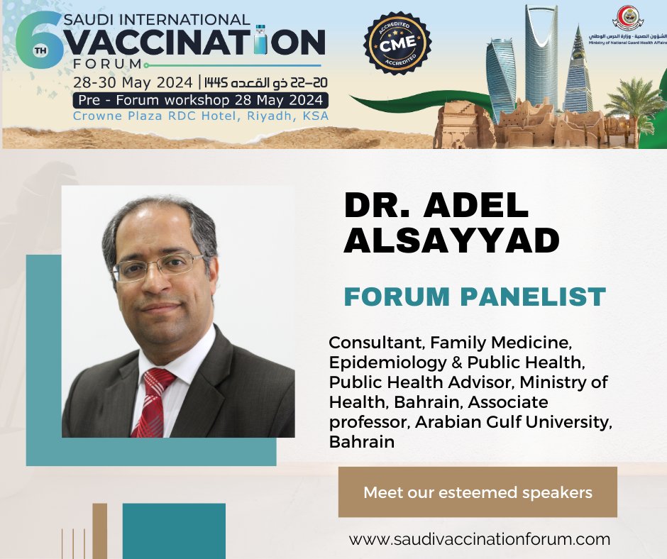 We are thrilled to announce that Dr. Adel Alsayyad, an esteemed speaker, will be gracing the 6th Saudi Vaccination Forum with his insights and expertise.  See you at the forum! saudivaccinationforum.com