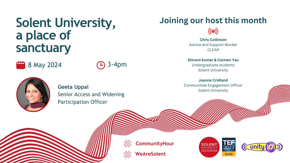 This @Unity101FM #CommunityHour, @SolentUni's Geeta Uppal will be discussing Solent University as a place of #sanctuary. Find out how our students involvement with the 'Unfamiliar Person' project, what some of myths about refugees are, and about our #SanctuaryScholarship.