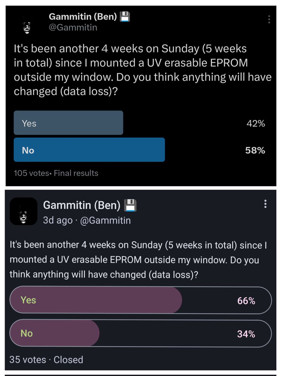 First it's coffee time ☕, then time to check the results of my EPROM UV exposure experiment, the votes are in (top Twitter / bottom Mastadon):