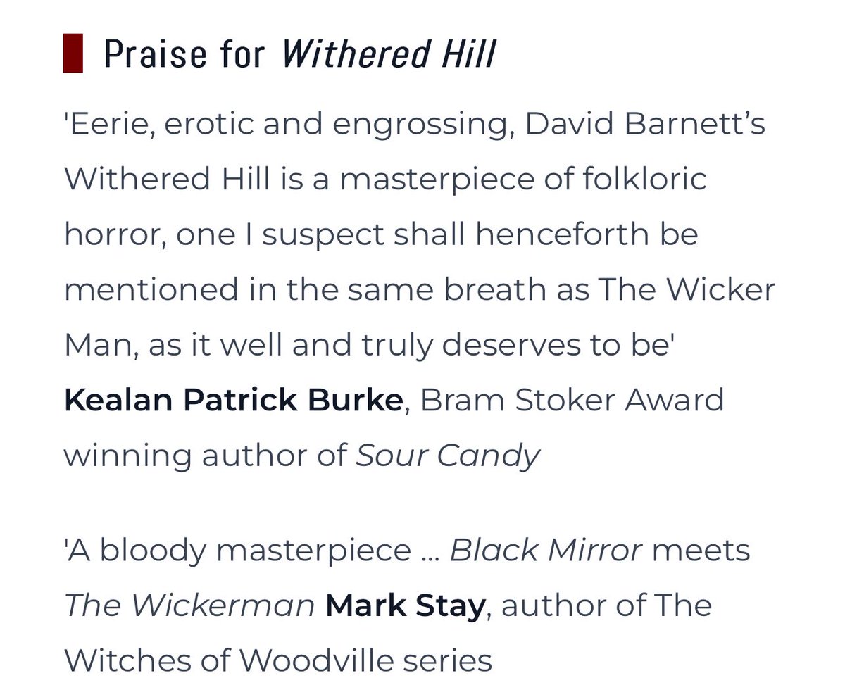 Some early praise for WITHERED HILL courtesy of @KealanBurke and @markstay Full book details and loads of pre-order links here: canelo.co/books/withered…