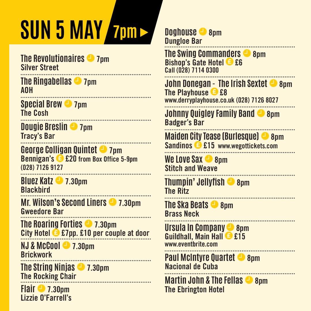 Sunday Funday at #DerryJazzFest 💛🖤 ☀️️ #JazzAlfresco ☕ 🎷 Packed programme in our #jazzhubs at Bennigans Bar, Playhouse Derry and the Guildhall 🎤 Ursula In Company at @Guildhall Check out the full listings!