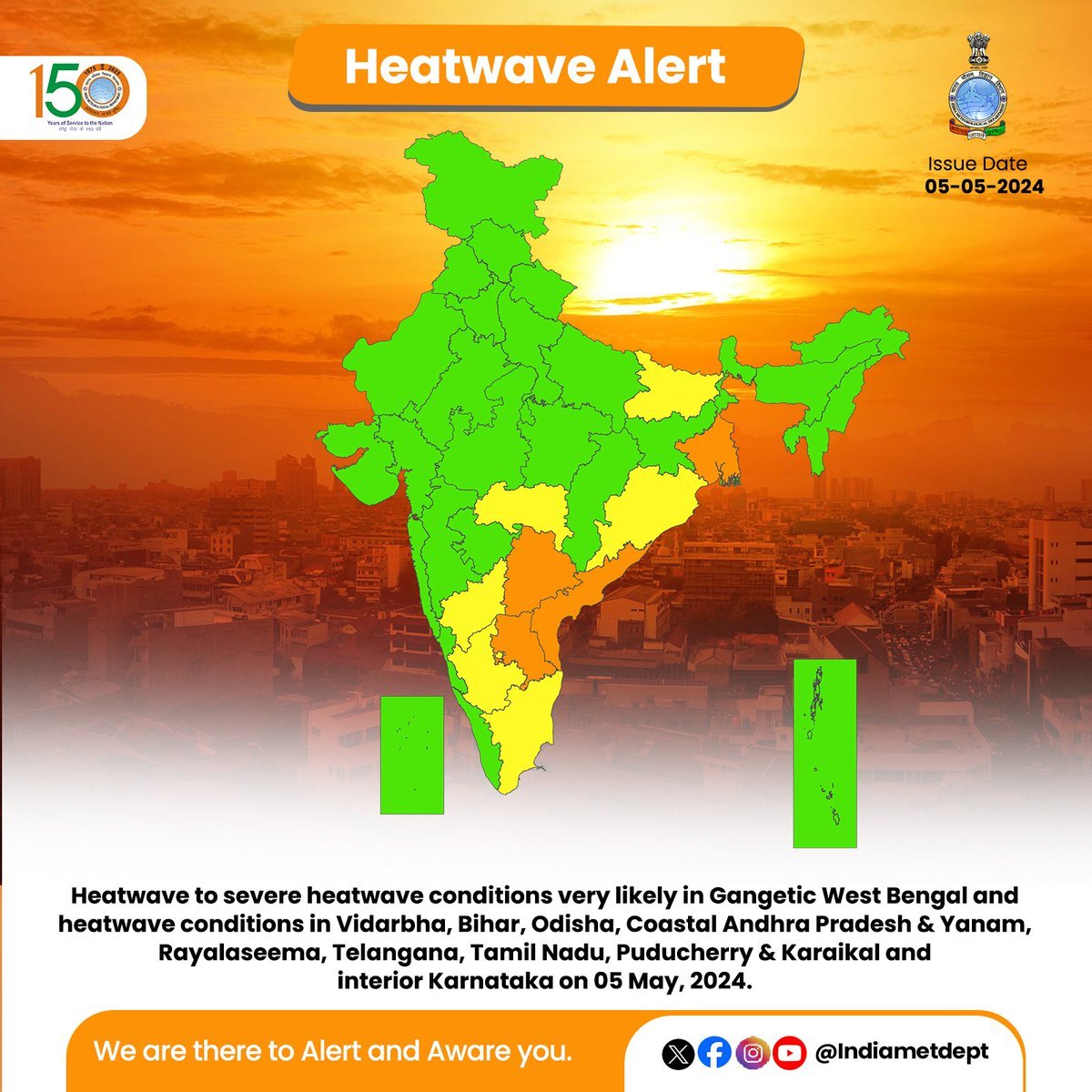 #Heatwave to severe heatwave conditions very likely in Gangetic #WestBengal and heatwave conditions in #Vidarbha, #Bihar, #Odisha, Coastal #AndhraPradesh & Yanam, Rayalaseema, Telangana, #TamilNadu, #Puducherry & Karaikal and interior #Karnataka on 05 May, 2024