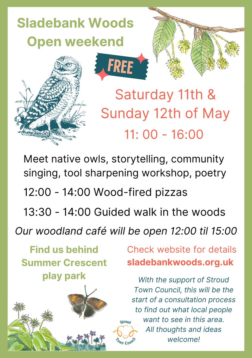 Sladebank Woods - come along next Saturday for a guided walk through the woods at 1.30pm, then channel all the inspiration you've gathered into a mini poetry workshop w me at 2.30pm - there'll be a chance to read our poems at the end. Plus there will be OWLS! 🦉 🦉 🦉