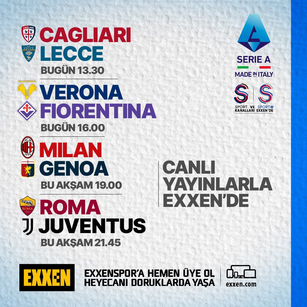 Serie A’da bugün. Cagliari-Lecce 13.30’da, Verona-Fiorentina 16.00’da, Milan-Genoa 19.00’da, Roma-Juventus 21.45’te karşı karşıya geliyor. Bu dört maç, S Sport 2’den canlı yayınlarla Exxen’de. Hemen exxen.com’a gir, Exxenspor’a hemen üye ol, eğlenceyi ve heyecanı…