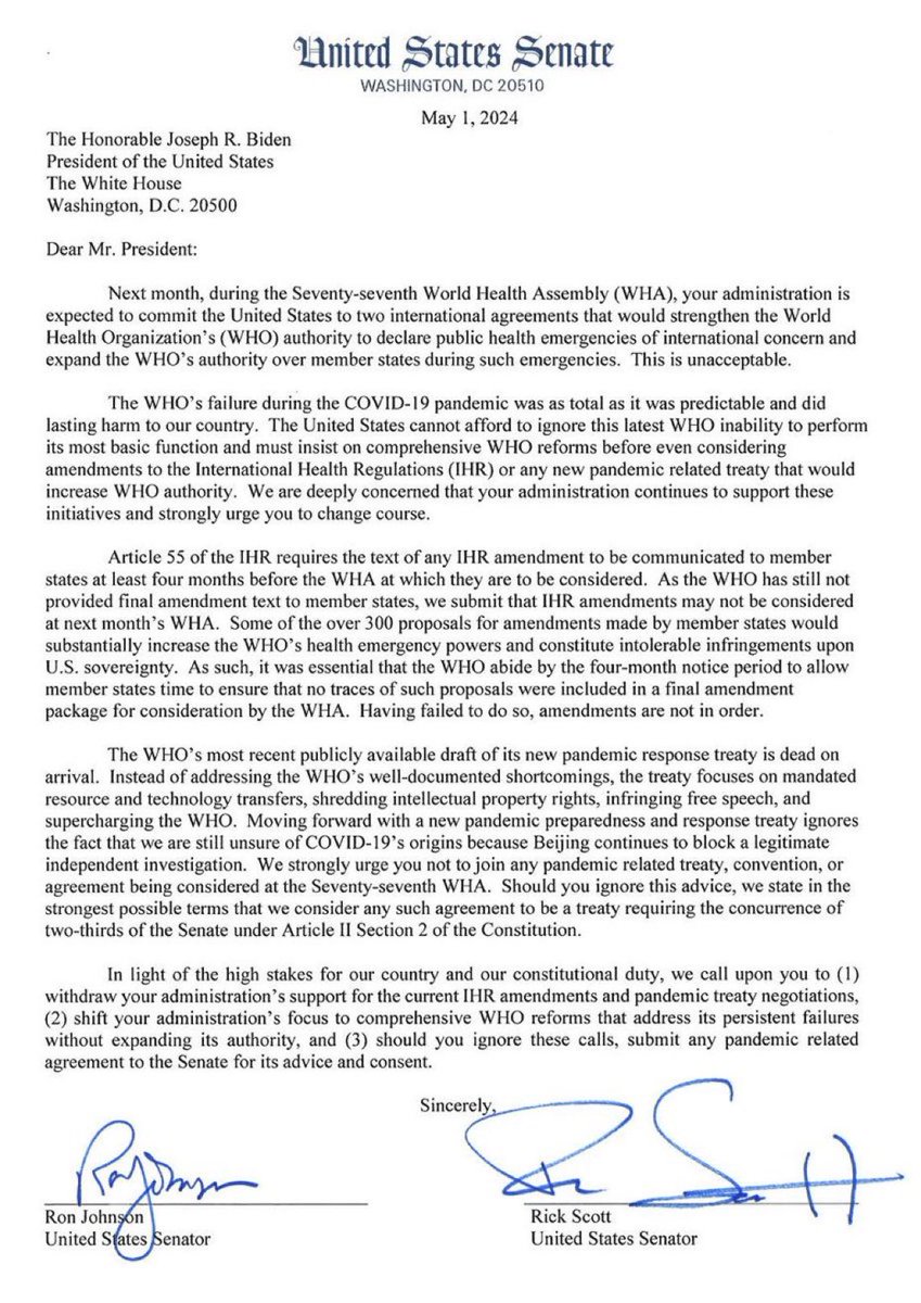 49 Republikeinse senatoren schreven een brief aan president Biden waarin ze eisten dat hij de Amerikaanse steun voor de WHO-pandemische ‘overeenkomst’ en belangrijke wijzigingen in de Internationale Gezondheidsregels zou intrekken.