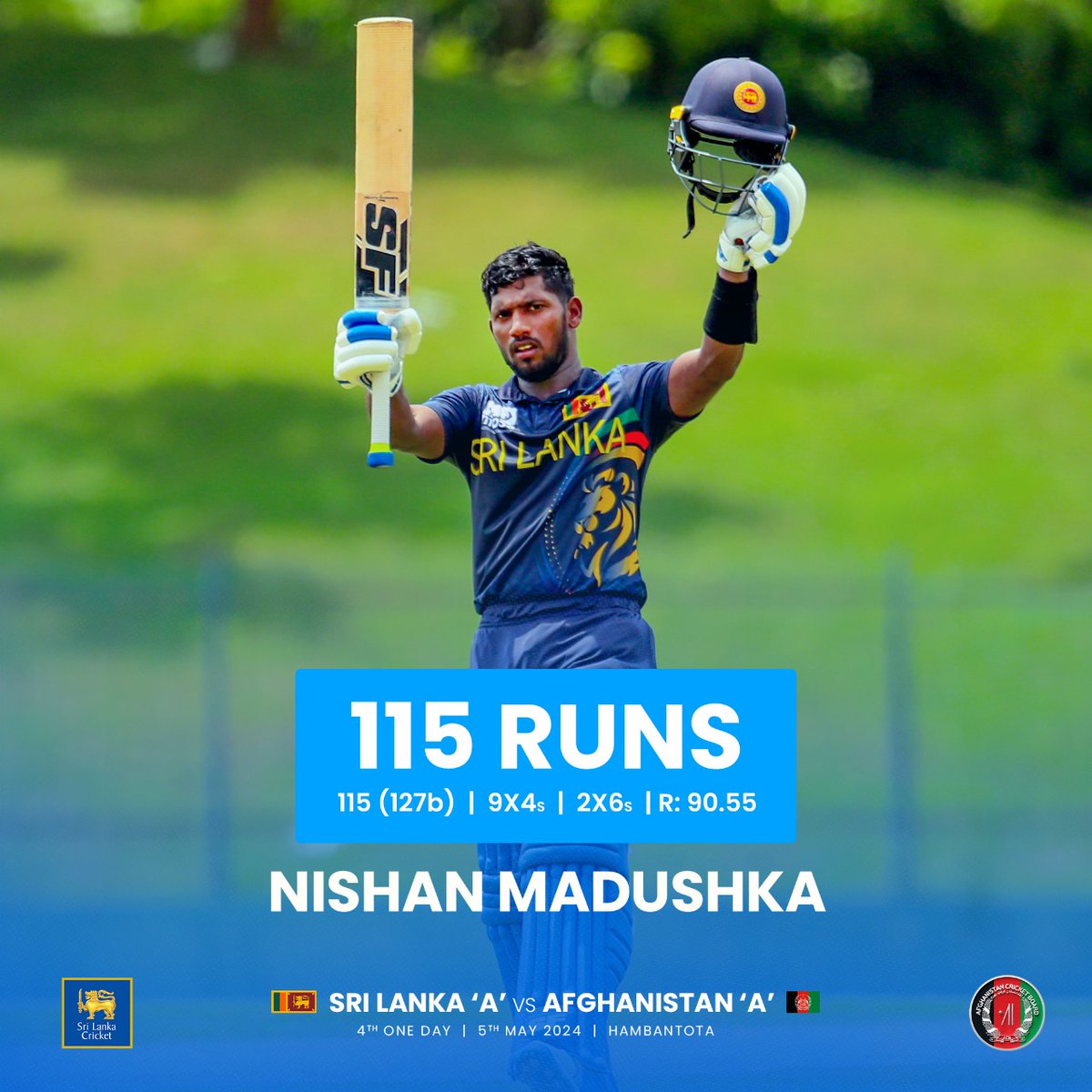 Nishan Madushka slams a brilliant 115 for Sri Lanka 'A' against Afghanistan 'A'! #SLATeam #SLvAFG