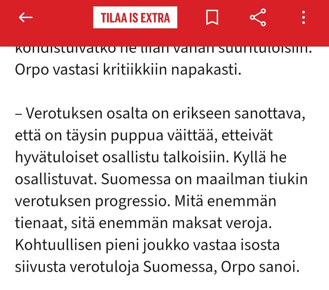 Petteri Orpo valehtelee suoraan, ei Suomessa ole 'maailman tiukin verotuksen progressio'. Toivottavasti on toimittajan virhe, muuten meillä on täysin tietämätön pääministeri.