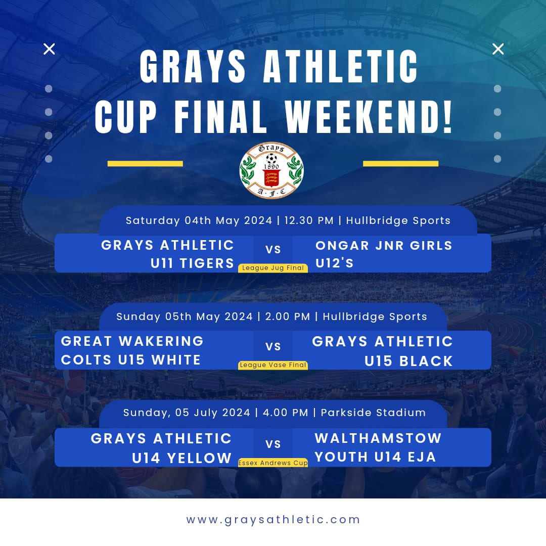 Two cup finals today as the Grays Athletic U15s Black take on Great Wakering Colts at Hullbridge KO 2pm in the league vase final And the U14s yellows take on Walthamstow in the Essex Andrews Cup final at Parkside ko 4pm We wish both teams all the best of luck #UpTheAth