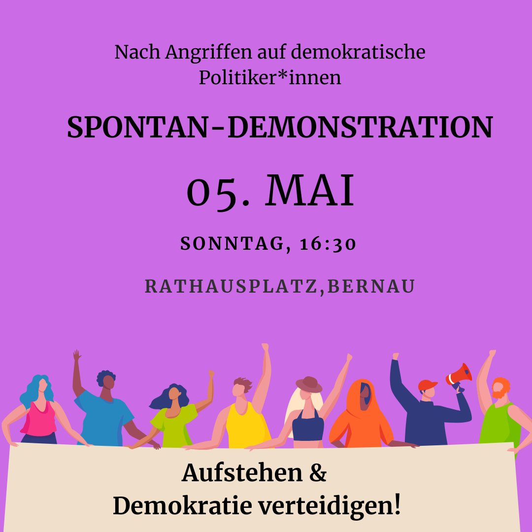 HEUTE spontane Demo für Demokratie in Bernau!
#DemokratieVerteidigen #Bernau 
#Brandenburg 
@zeigthaltung @NoAFD_BTW25 @BuntesPrenzlau @GrueneBBG