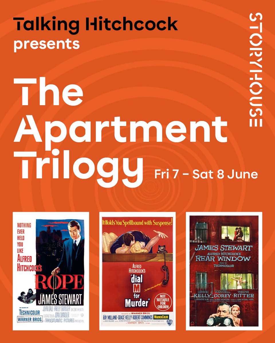 Join us next month for THE APARTMENT TRILOGY - a mini 'Hitch Fest' curated in partnership with Talking Hitchcock podcast! 🌀🎬 🪢 ROPE – 7 June. ☎️ DIAL M FOR MURDER– 8 June. 🪟 REAR WINDOW– 8 June. 🎫 Get 50% off tickets when you book all three films! storyhouse.com/seasons/the-ap…