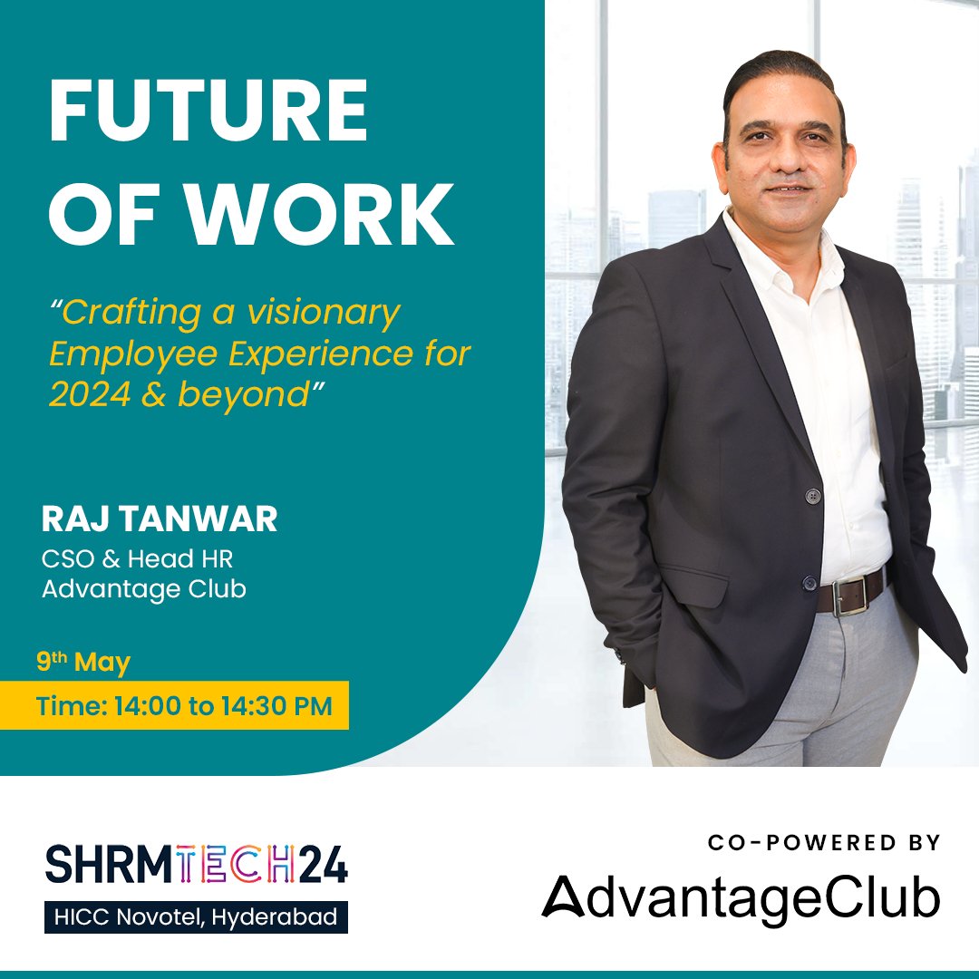 Raj Tanwar, our CSO & Head HR, is all set to participate in the @SHRMindia Tech'24 Conference & Expo powered by Advantage Club! Join him as he dives into the topic 'Future of work: Crafting a visionary employee experience for 2024 and beyond'. #SHRMIndiaTech