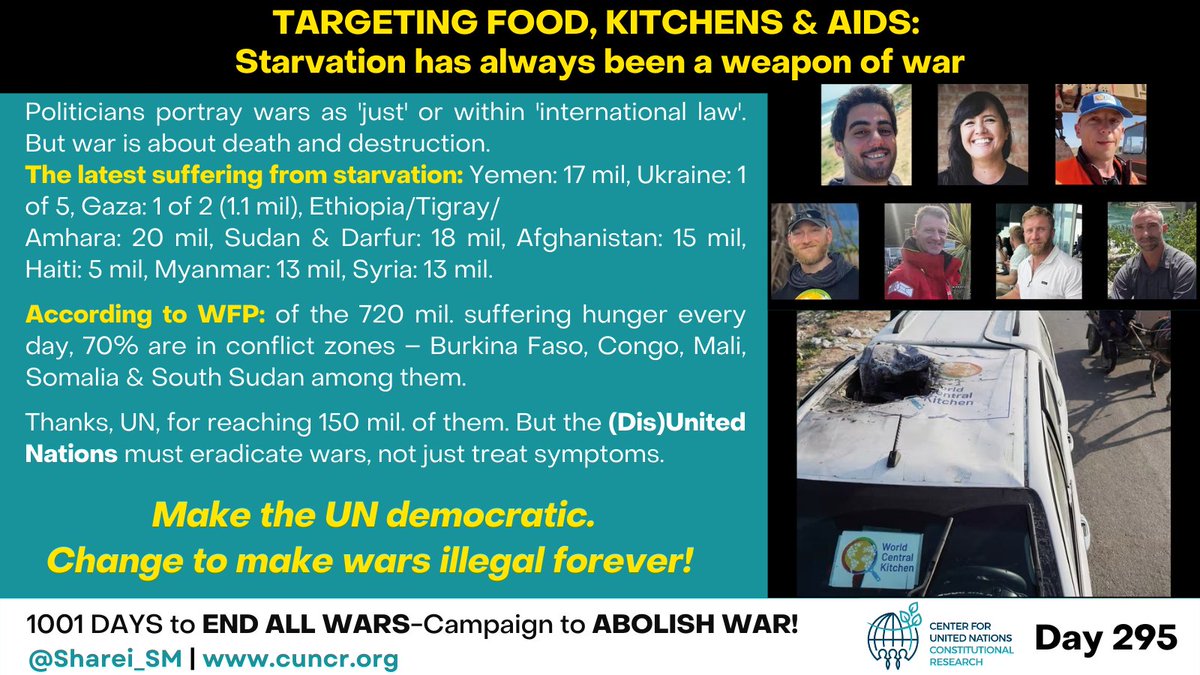 TARGETING FOOD, KITCHENS &amp; AIDS:
Starvation has always been a weapon of war
Politicians portray wars as 'just' or within 'international law.' But war is about death and destruction.
The latest suffering from starvation: Yemen: 17 mil, Ukraine: 1 of 5, Gaza: 1 of 2 (1.1 mil),