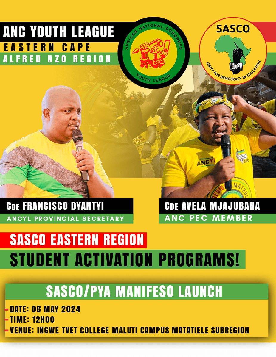 ANCYL Eastern Cape Provincial Secretary Cde Franscisco Dyantyi with ANC PEC Member Cde Avela Mjajubana will tomorrow lead student activation in Alfred Nzo Region in Maluti Campus Ingwe TVET college #ANCYLAtWork #VoteANC2024