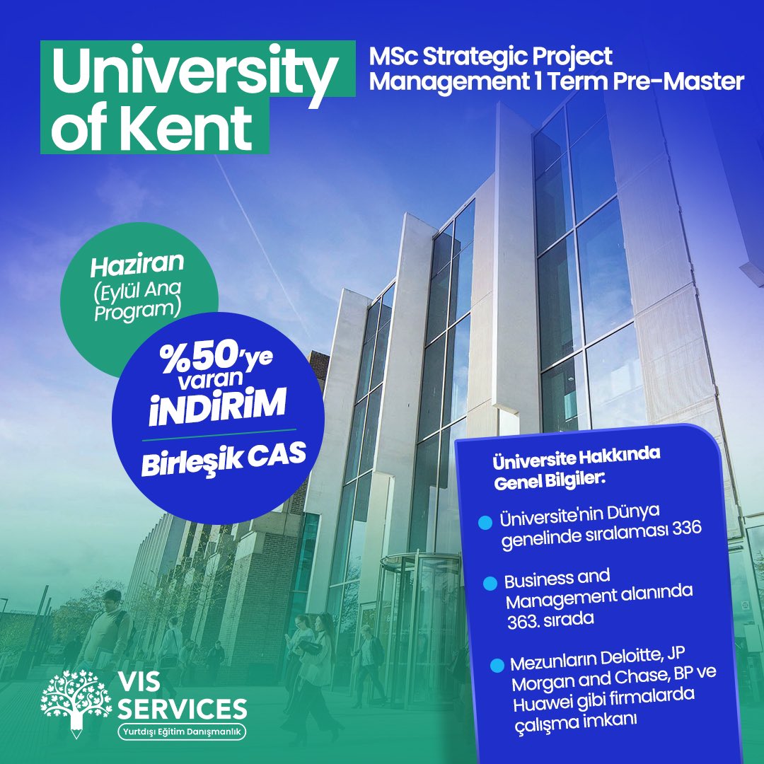 University of Kent

MSc Strategic Project Management 1 Term Pre-Master

50% varan indirim, Birleşik CAS 

Detaylı Bilgi
🌐 viss.com.tr

Whatsapp
📱+90 533 233 21 86

***
#yurtdışıeğitim #academia #universityoflondon  #student #premium #hazırlıkprogramı