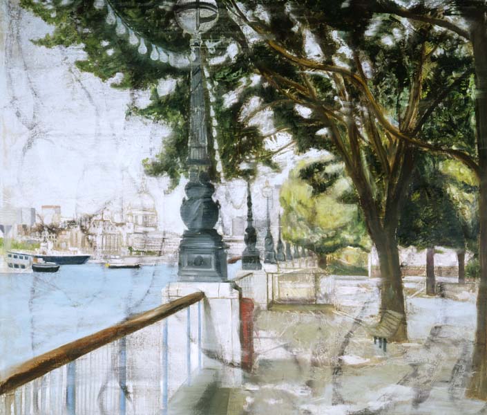 Arturo di Stefano's painting looks east, from the South Bank, near the @NationalTheatre, towards the City and the dome of @StPaulsLondon. The artist's careful composition creates a balance between trees, water and architecture. 🎨 A. Di Stefano, 1994 #PaintingLondon