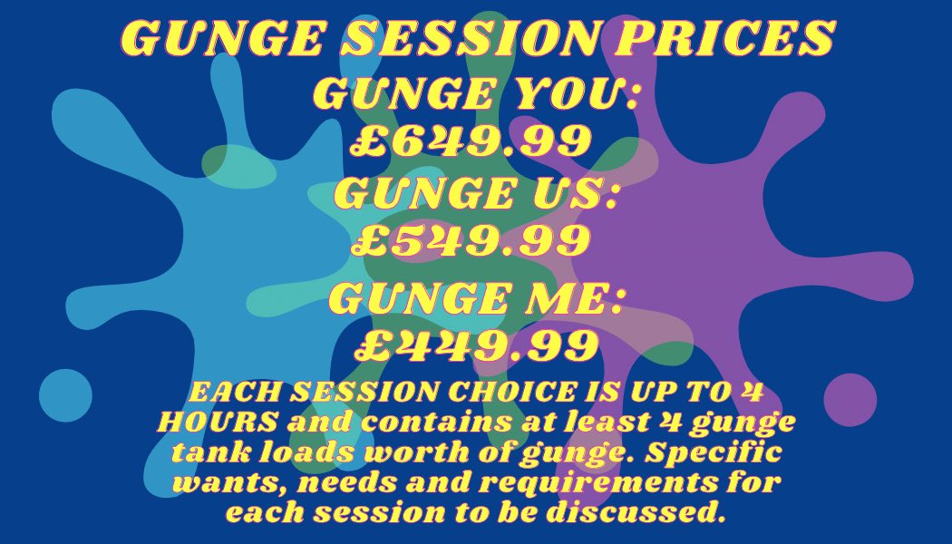InGunge's tweet image. Announcing gunge tank sessions for this summer 🥳💦 Here are the prices! Tried to keep these as low as possible based on studio hire costs. DM me for more info and have your dream gunge session come true! #gunge #gunged #gunging