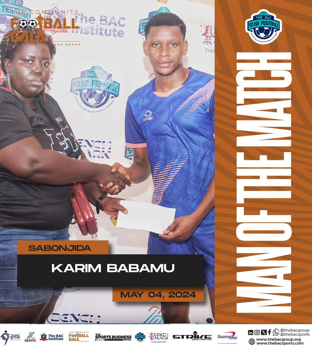 All Star Festival Community Gala   

Karim Babamu won the man of the match as his side Sabonjida played a 1-1 draw against Sagnerigu at the Nobisco Field.  

Karim Babamu scored for Sabonjida.  

 #allstarfestival2024