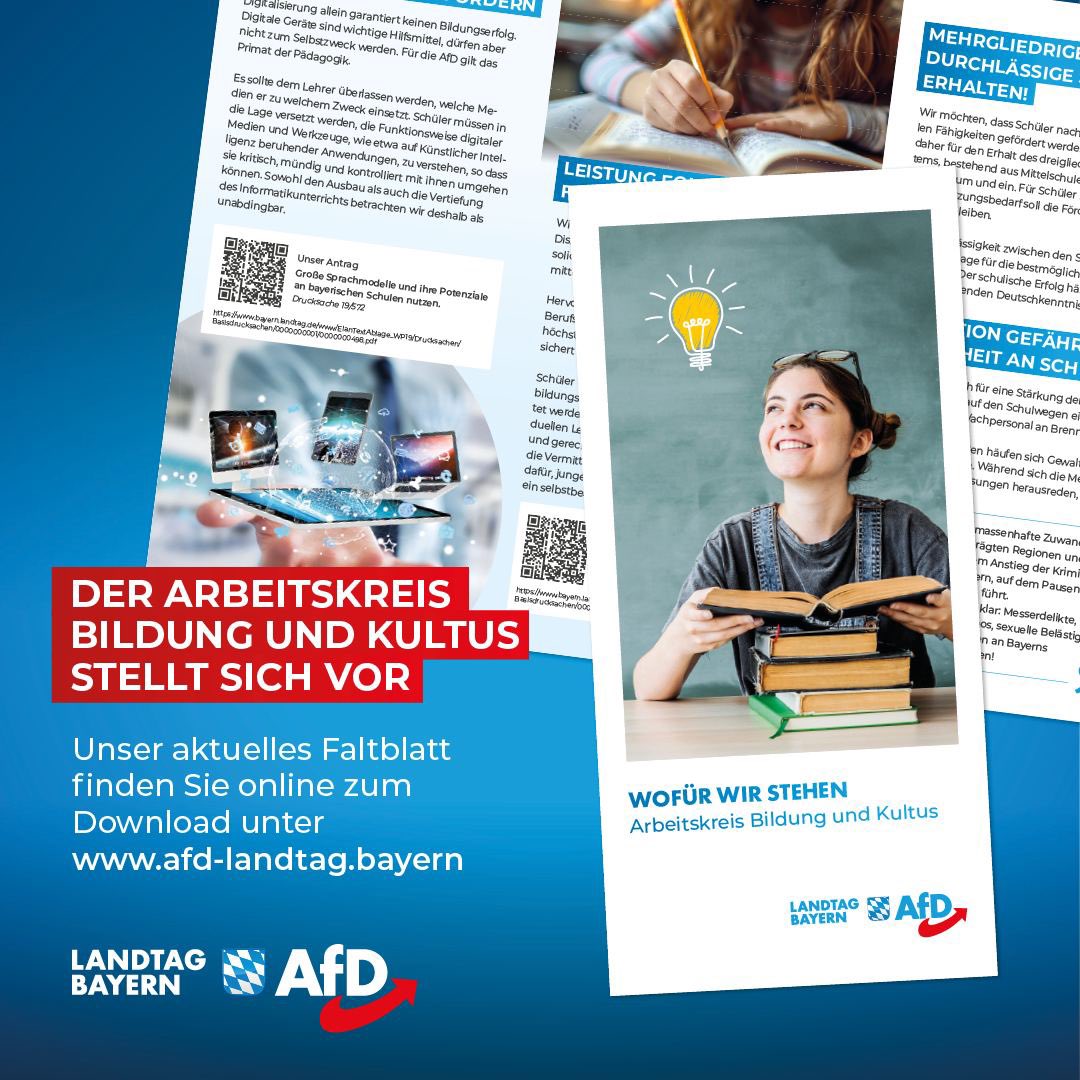 +++ Gute Bildung für unsere Jugend – Dafür stehen wir! +++ Der Arbeitskreis Bildung und Kultur der AfD-Fraktion im Bayerischen Landtag präsentiert seine Konzepte für leistungsfähige Schulen. Wir fordern: - Konzentration auf Kernfächer statt auf Gender-Ideologie, - digitale…