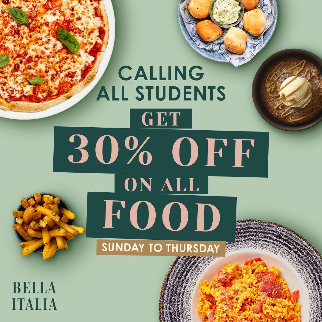 STUDENTS!! Get a fab 30% off at @BellaItalia_UK Sunday to Thursday🍕 Visit the Brighton restaurant at 24 Market St