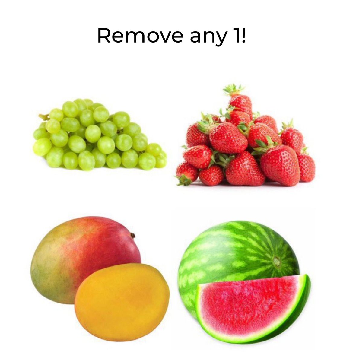 Remove any 1 fruit!
👍🏻- Grapes
😂- Strawberry
❤️- Mango
🙏🏻- Watermelon