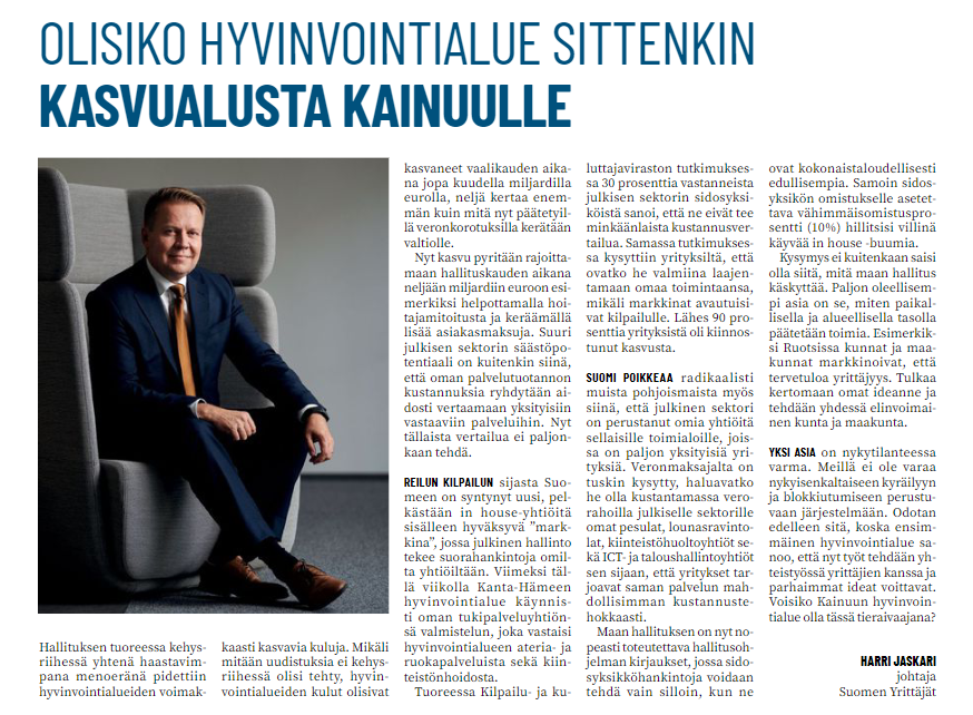 Hyvinvointialueesta kasvualusta sote-yrityksille. Samalla paremmat palvelut ihmisille. Voisiko se olla totta? Artikkeli Kainuun Sanomissa. <a href="/suomenyrittajat/">Suomen Yrittäjät</a>