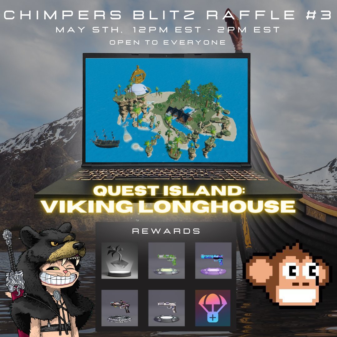 CHIMPERS BLITZ RAFFLE #3 🗓️ Today 12 PM - 2 PM EST 🏝️ Quest Island: Join me at the Viking Longhouse ⚔️ Quest Type: Earn points in multiplayer games 🎯 Eligibility: Everyone 🎁 Rewards: $$$👇 Earn only 300 points to qualify in the raffle! Good luck 🏝️🚀