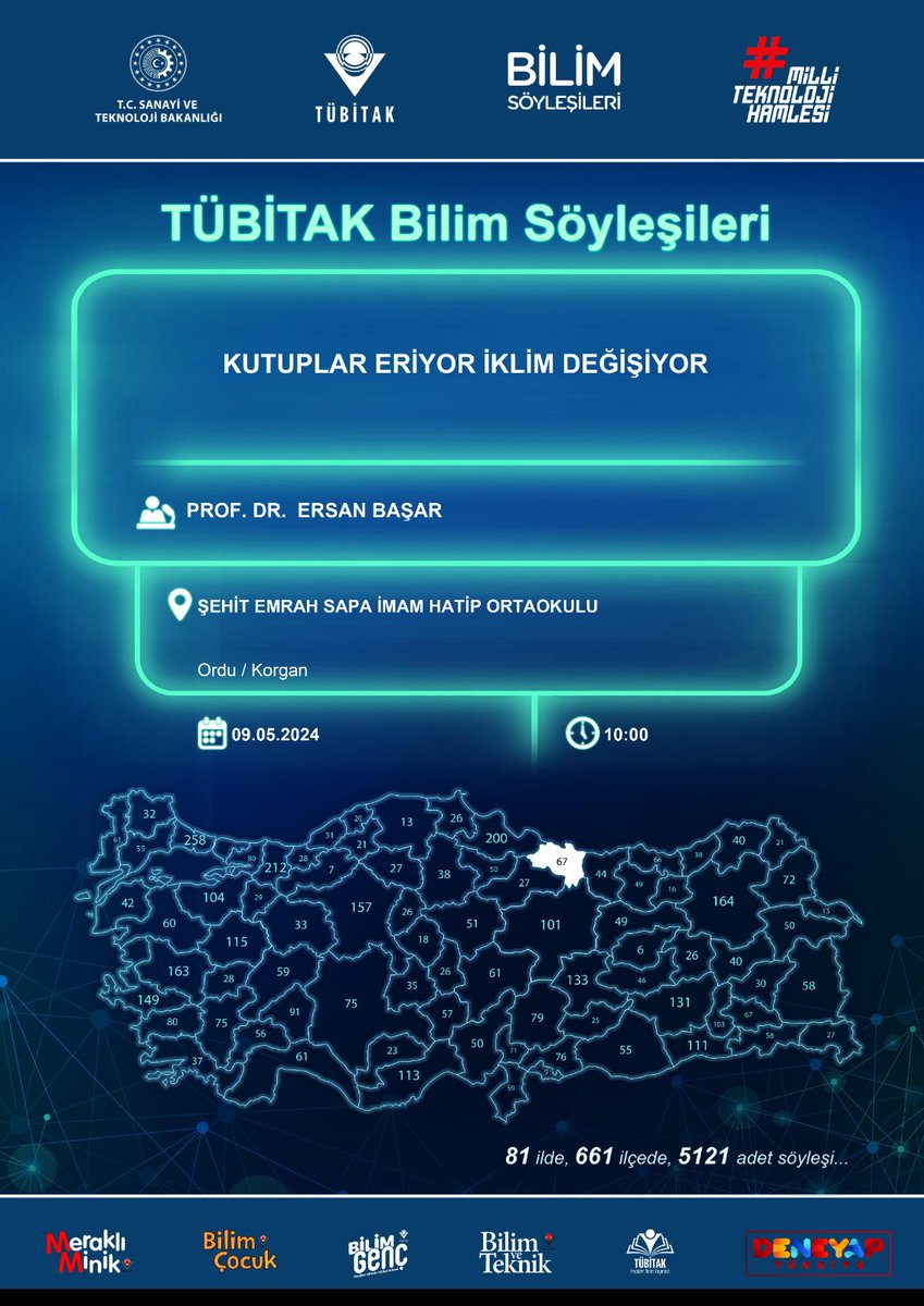 TÜBİTAK Bilim Söyleşileri  kapsamında 9 Mayıs 2024 Perşembe günü saat 10.00’da okulumuzda  Prof.Dr.  Ersan Başar tarafından "Kutuplar Eriyor İklim Değişiyor" konulu söyleşi gerçekleştirilecektir.
#tübitakbilimsöyleşileri
<a href="/Ordu_MEM/">Ordu İl Millî Eğitim Müdürlüğü</a> <a href="/OrduARGE/">OrduARGE52</a> <a href="/korganmem/">Korgan İlçe Milli Eğitim Müdürlüğü</a> <a href="/MurtazaAlan/">Murtaza ALAN 🇹🇷</a> <a href="/ErsanBasar/">Ersan Başar</a>