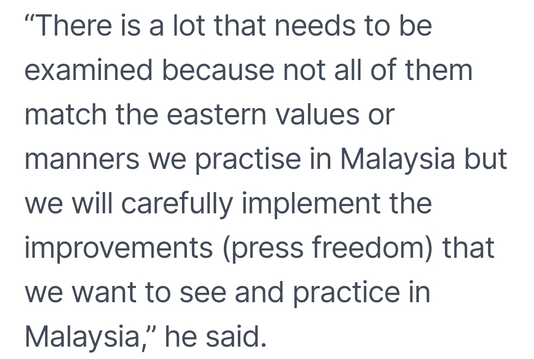Malaysia dropped quite a bit in the World Press Freedom Index and of course the gov is doing damage control as the opposition leverages it to shame them. Typical yearly song and dance that is quite normal. But, this particular statement is quite worrying and worth unpacking 🧵