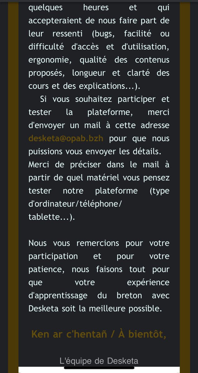 Je viens de recevoir ce mail, la région Bretagne lance un site internet totalement gratuit pour apprendre le Breton. Ils cherchent des grands débutants pour tester le site en avant première, si vous êtes intéressés, n’hésitez pas 🫶🏻