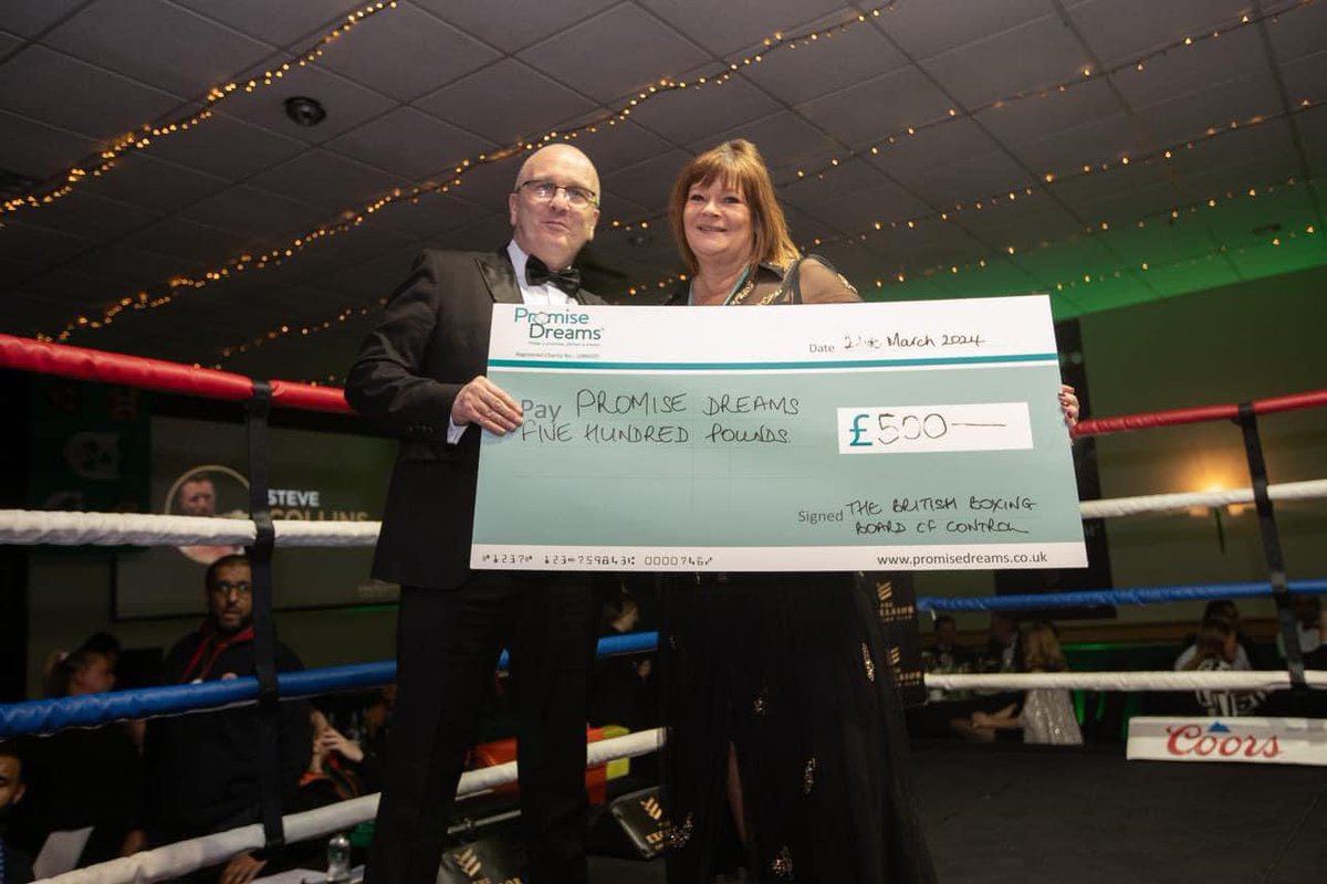 Matt Harris, chairman of the Midlands area British Boxing Board of Control at our last Dinner Show in March, presenting a cheque to Nikki Yeomans of Promise Dreams, our nominated charity, helping terminally ill children