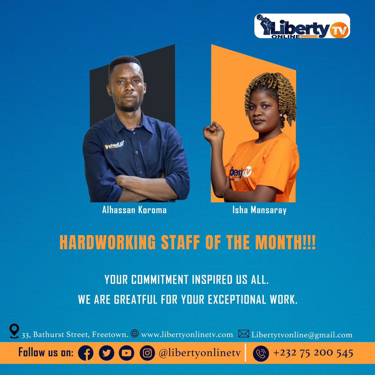 We take great pride in acknowledging the employees who have consistently shown dedication, passion, and hard work as this month's Staff of the Month. 

Your invaluable contributions to the team are deeply appreciated!

#libertyonlinetv
#FREE
#fearless
#inclusive
#journalism