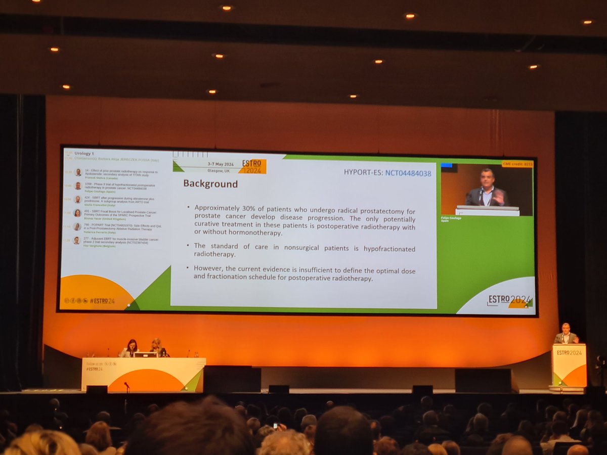 Interesting talk from Felipe Couñaho from @GenesisCareES on Phase 2 trial of hypofractionated postoperative radiotherapy in prostate cancer  #ESTRO24