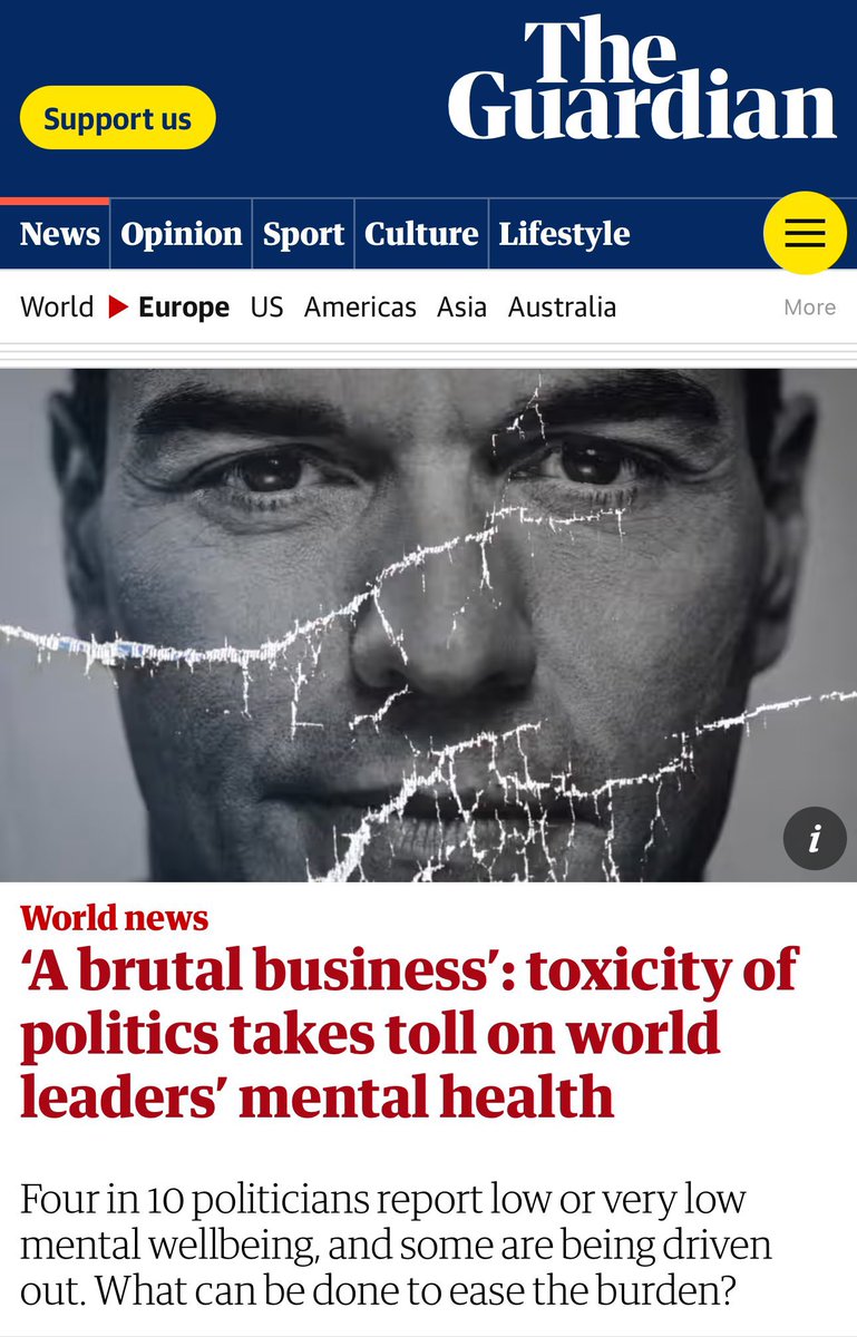 The Guardian' denuncia la "toxicidad" en la política que daña la salud mental y lo ilustra con Pedro Sánchez. <a href="/sanchezcastejon/">Pedro Sánchez</a> <a href="/guardian/">The Guardian</a>