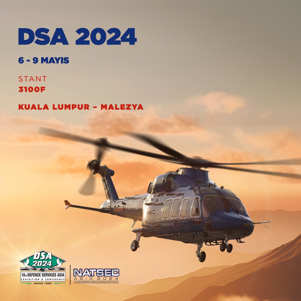 Asya’nın en büyük savunma ve ulusal güvenlik fuarı #DSA2024’e hazırız. Göklerdeki geleceği keşfetmek için 3100F no'lu standımızı ziyaret edebilirsiniz. @DSAMalaysia 🗓️ 6-9 Mayıs 📍Kuala Lumpur, Malezya