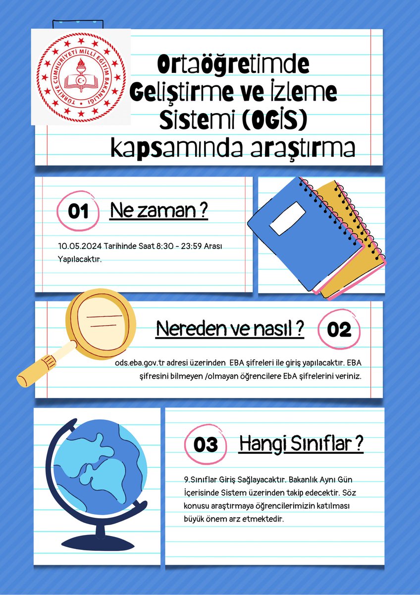 10.05.2024 tarihinde ÖDS üzerinden yapılacak OGİS sınavına öğrencilerimiz ods.eba.gov.tr adresinden EBA şifresi ile giriş yapacaklardır. Sistem 8:30'da aktif edilip 23:59'da kapanacaktır. Öğrencilerimize başarılar dileriz. @tcmeb @mebodsgm @Ziynuleb @ZonguldakMEM