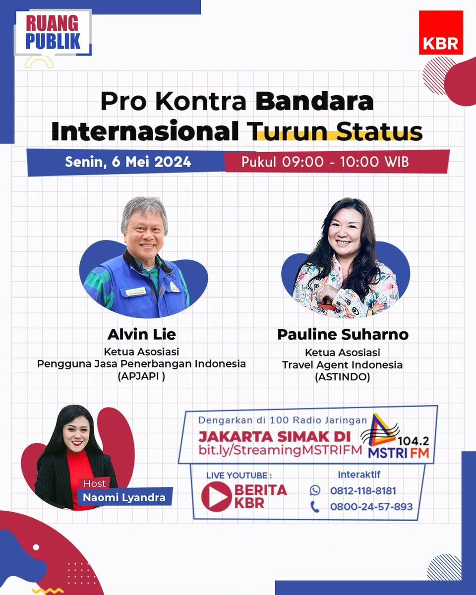 Talkshow @beritaKBR Live di Youtube dan siaran Radio, besok pagi, Senin, 6 Mei 2024 Jam 09:00 sd 10:00 WIB