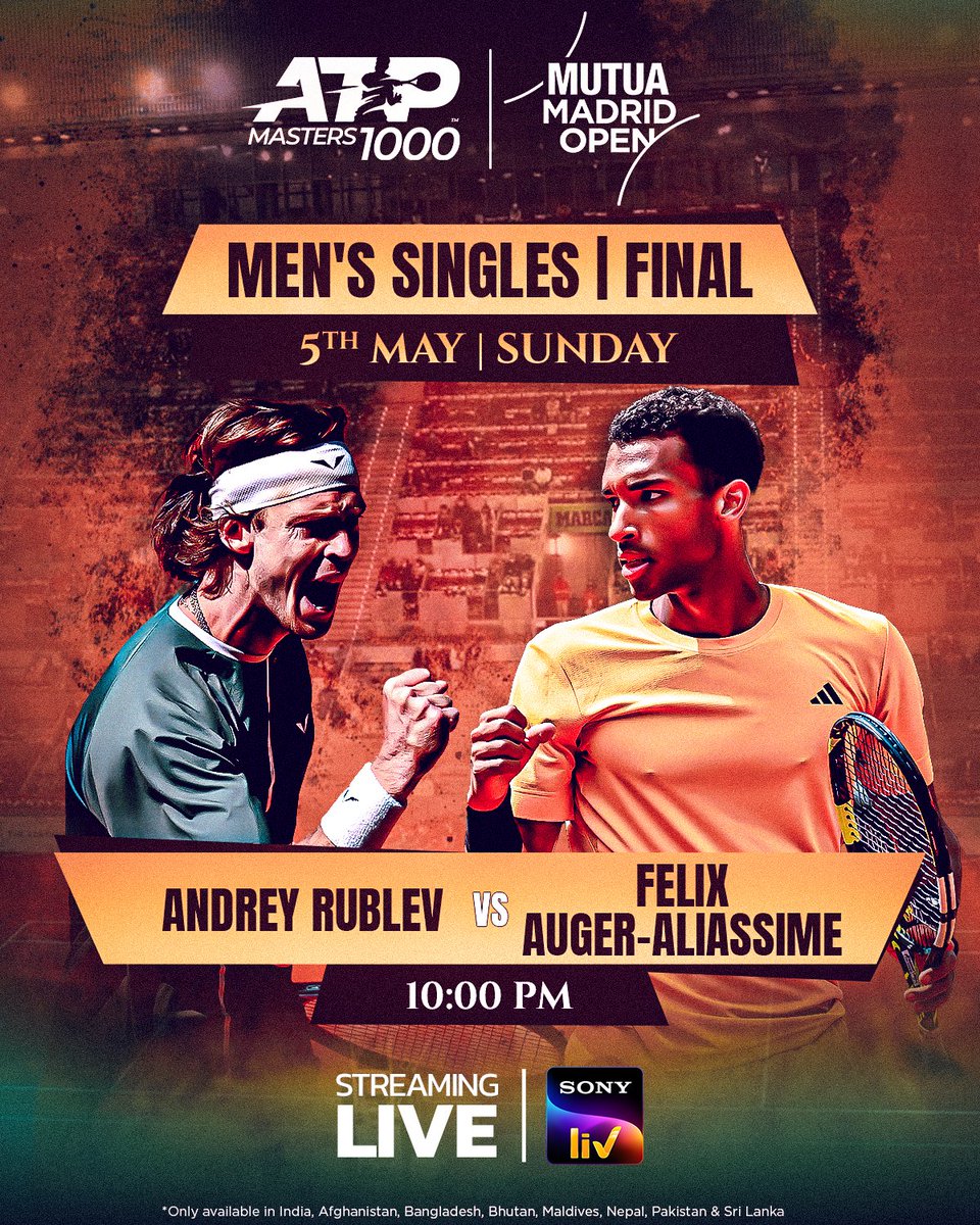 Rublev & Auger-Aliassime battle for glory in Madrid 🇪🇸💥

Who will CLAIM their #ATPMasters 1000 breakthrough 🏆 at #MMOpen?

Watch the #MadridOpen Final LIVE on #SonyLIV 🎾