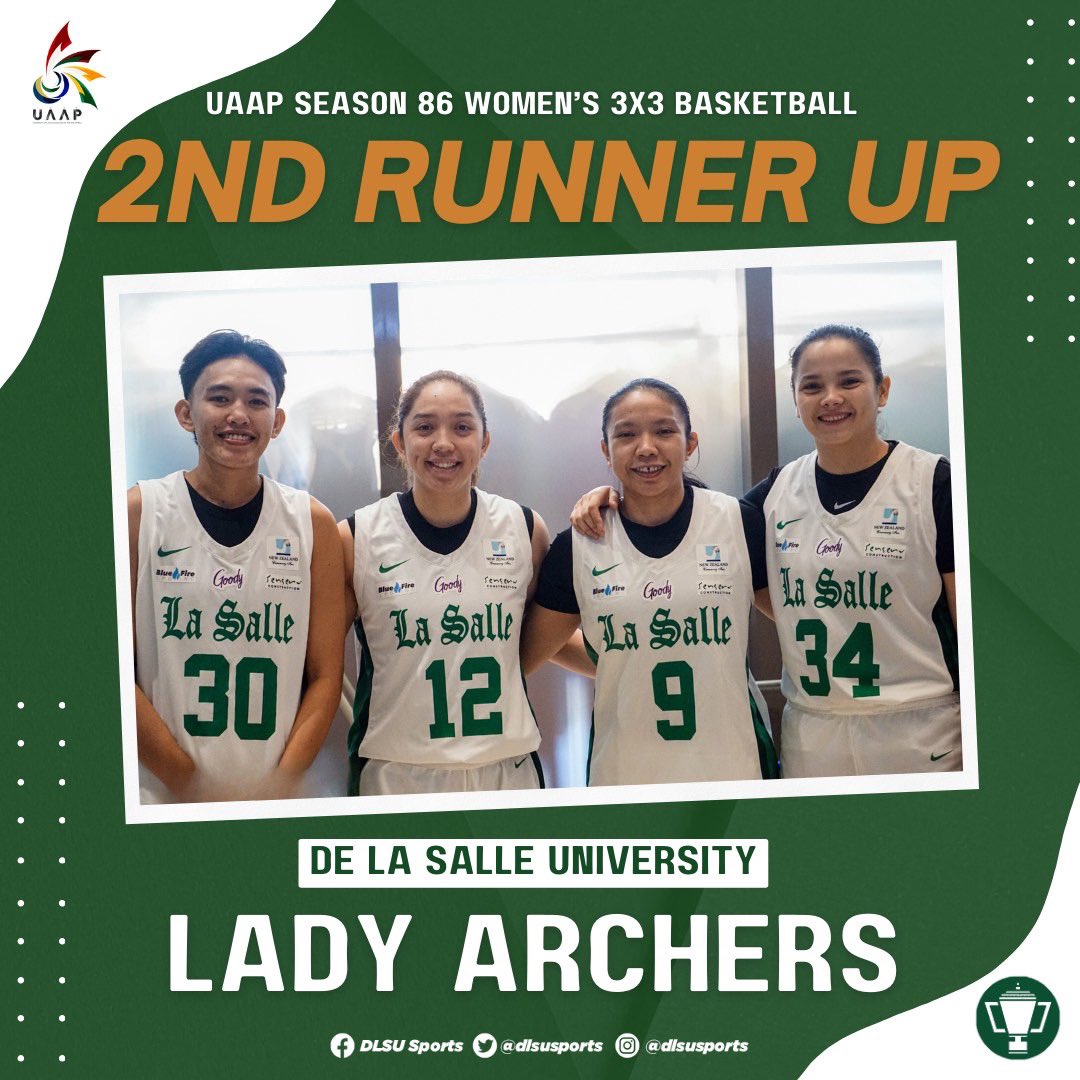 GREAT FINISH 🥉 

The DLSU Lady Archers are this year’s Second Runner up in the #UAAPSeason86 3x3 Women’s Basketball Tournament after winning against the Adamson Soaring Falcons in The Battle for Third, 18-16! 🏹 

#FuelingTheFuture #GreenAllIn4TheWin #GoLaSalle #AnimoLaSalle