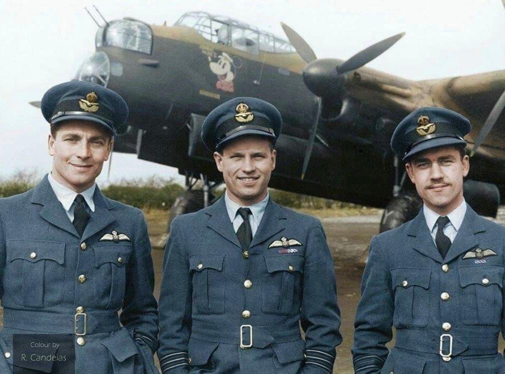 Guy Gibson, the 'Dambuster' - March 1943. Wing Commander Guy Gibson (centre), Officer Commanding No. 106 Squadron RAF, standing with his two Flight Commanders, Squadron Leader J H Searby (left) and Squadron Leader P Ward-Hunt, at Syerston, Nottinghamshire #Dambusters #RAF