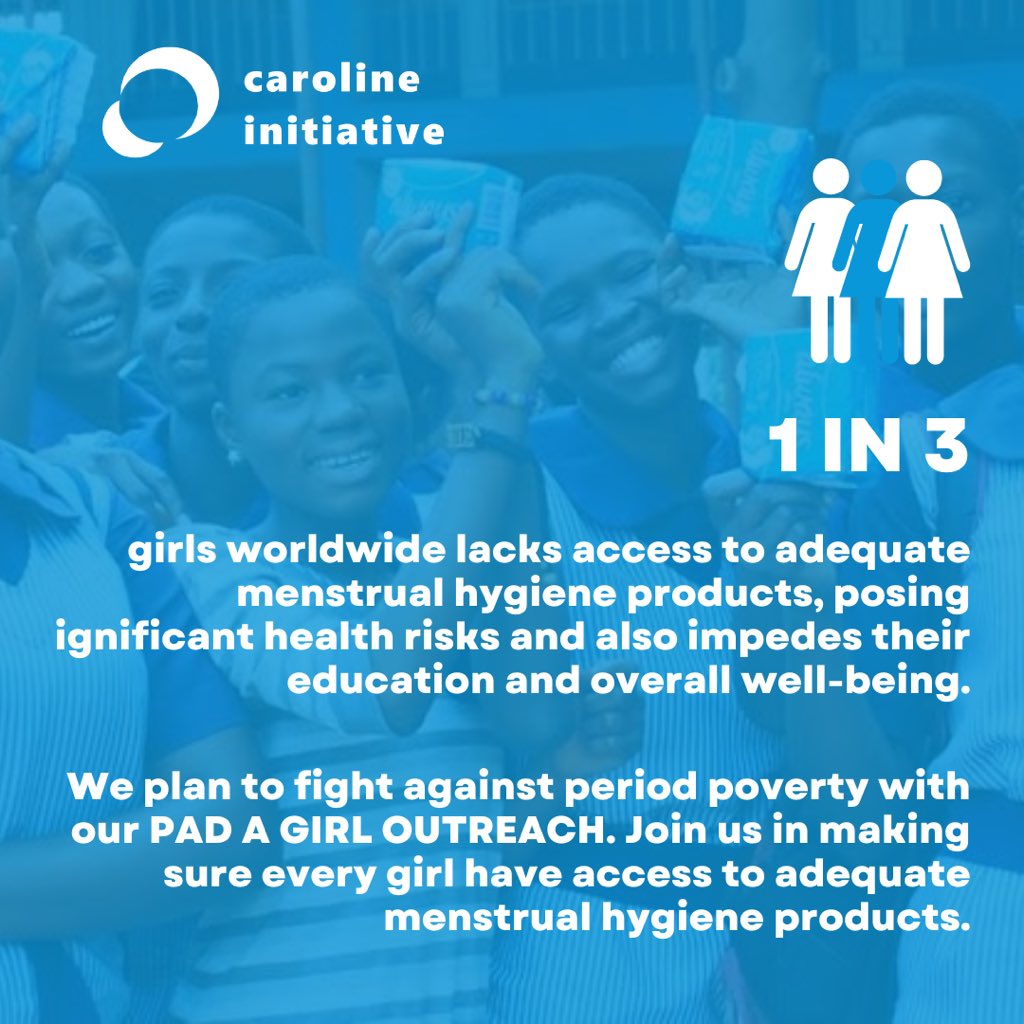 In a fight against period poverty, we’re set to host a Pad a Girl Outreach for girls in Lagos State. Join us in making sure every girl have access to adequate menstrual hygiene products.

#CarolineInitiative #PadaGirl #MenstrualSupport #PeriodPoverty #MenstrualHealth #ChildAid